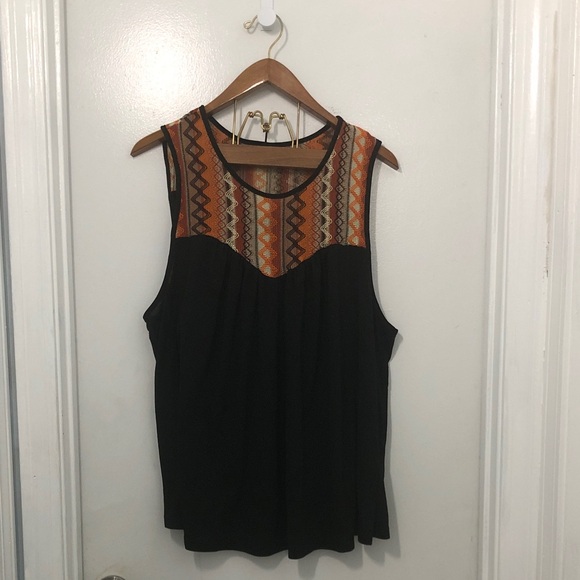 Emery Rose Tops - Chic Black and Orange Patterned Tank Top